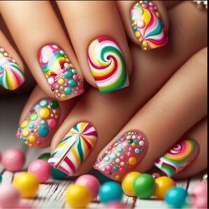 🍭 New! 24pcs Candy Swirls Medium Square Tip Press-On Nails False Nails Set